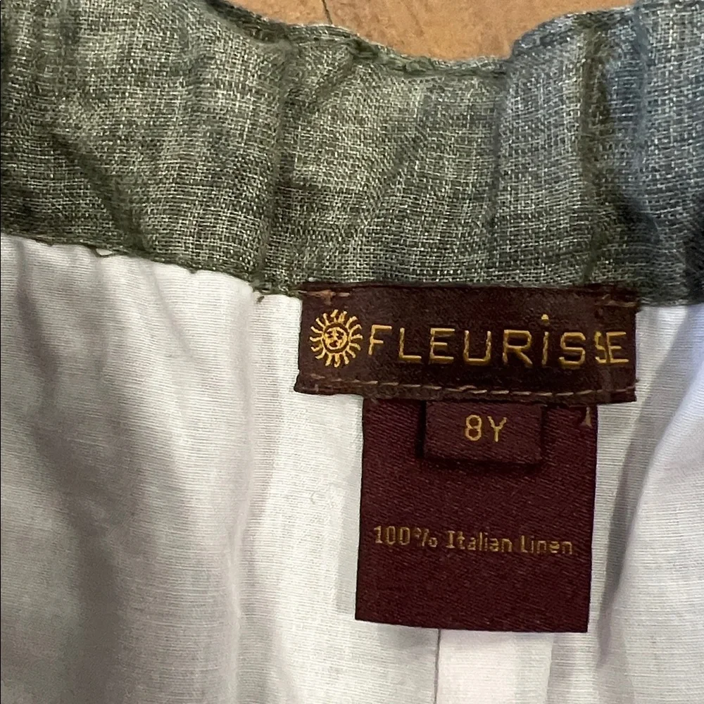 Fleurisse elie 100% linen green shorts with floral cloth belt girls 8